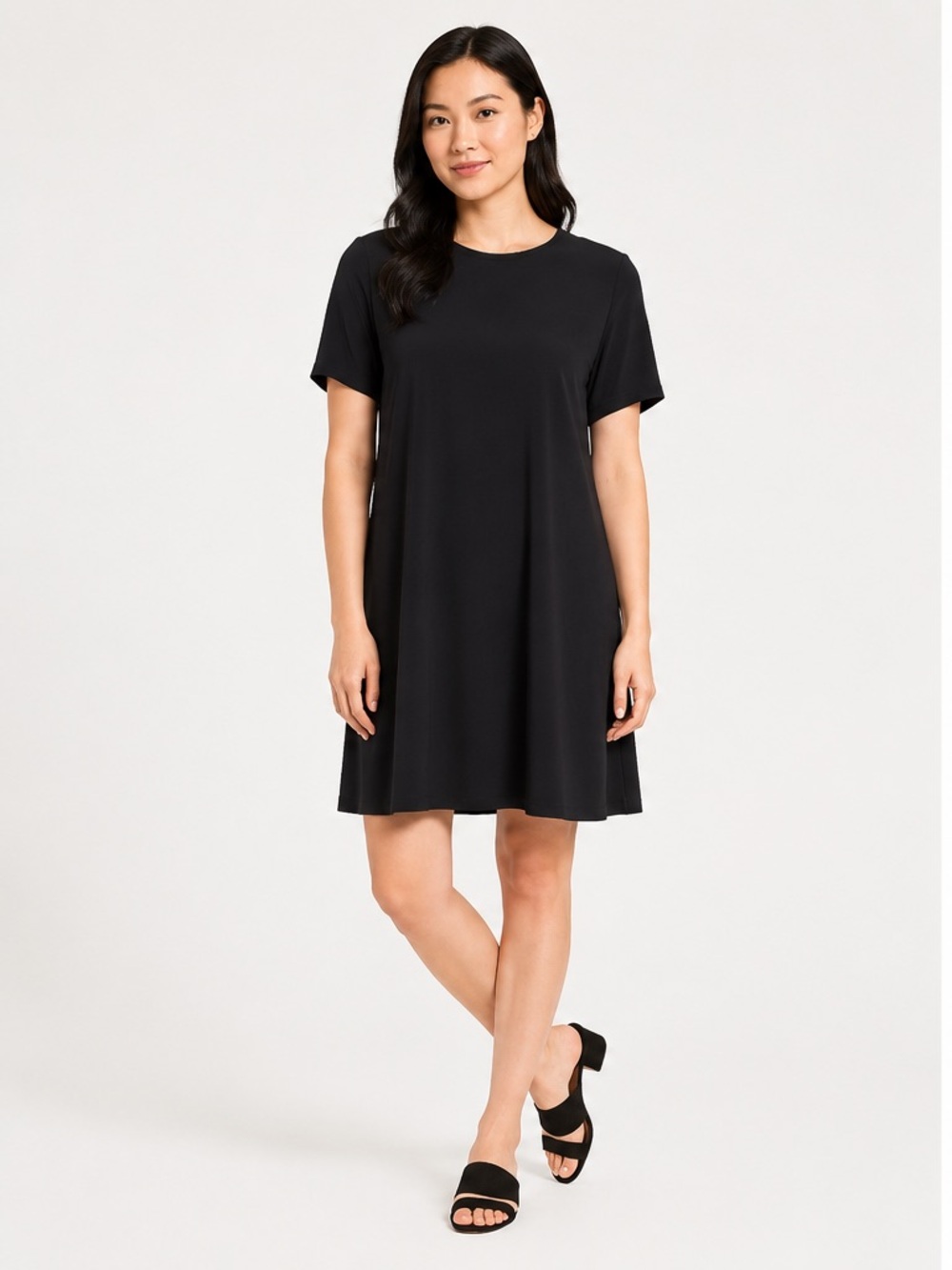 Eileen Fisher System Black Crepe Tencel Dress Size Medium Minimal A-Line Keyhole
